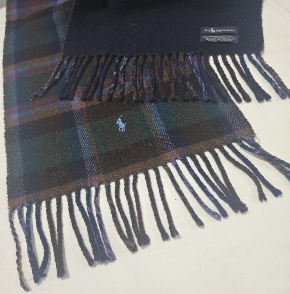 Polo Ralph Lauren Lambswool Plaid Fringe Embroidered Pony Scarf Cabincore
